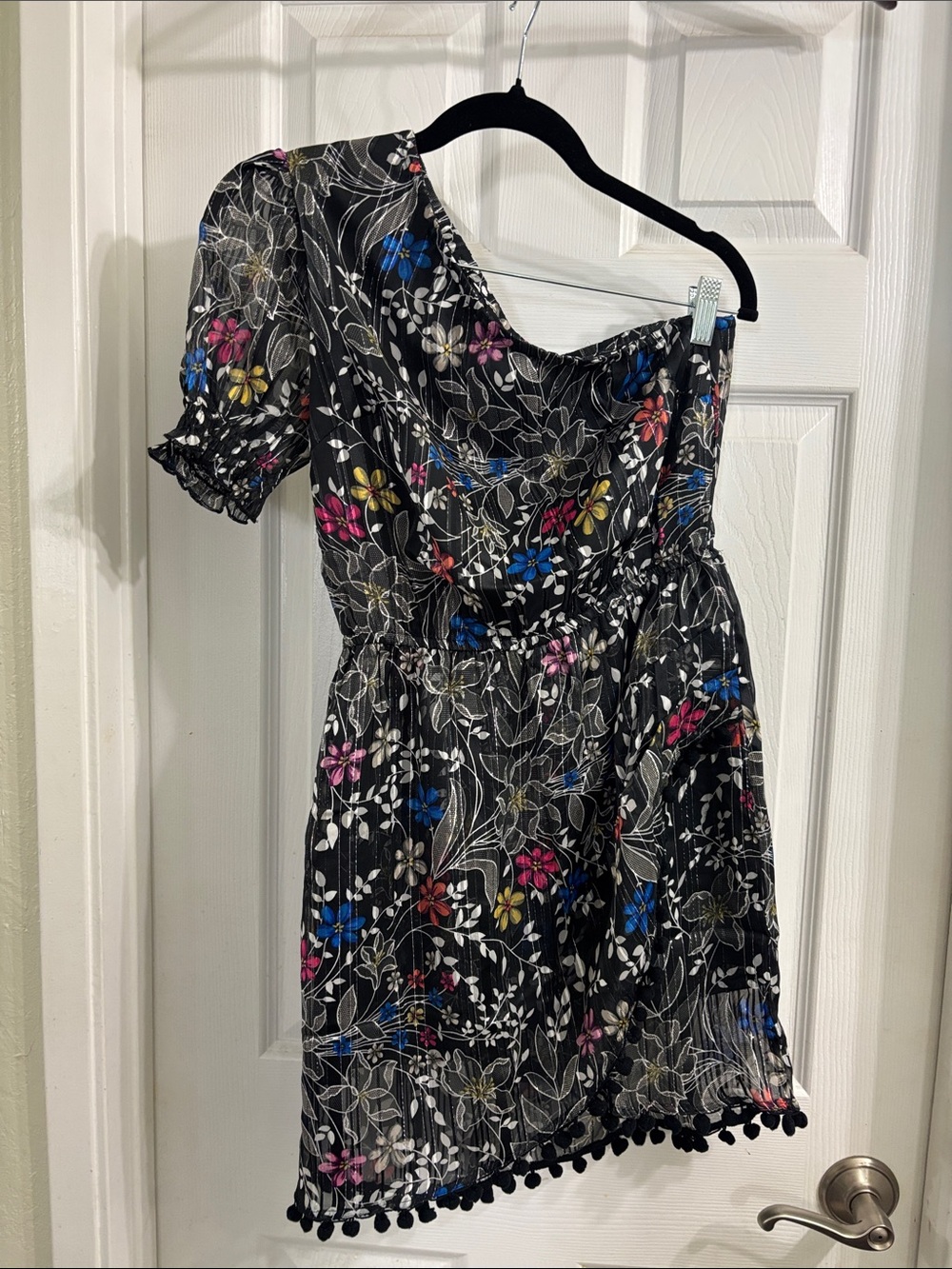 RAGA Black One-Shoulder Floral Dress with Pom Trim